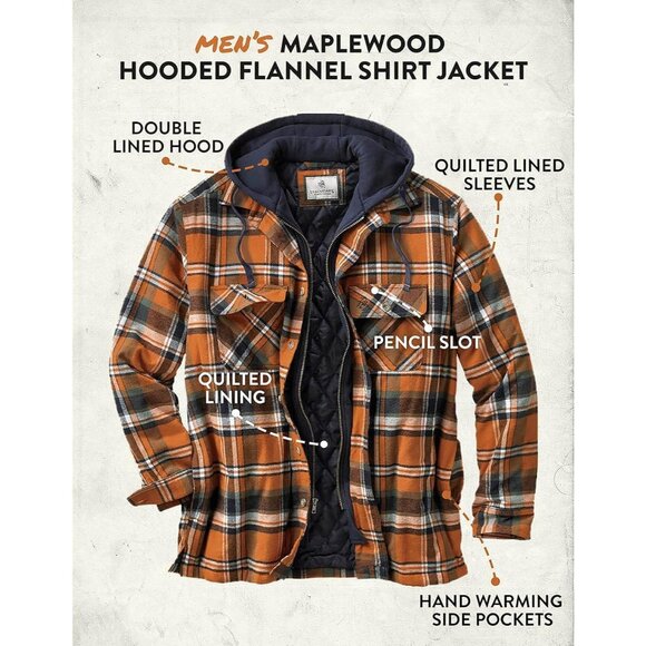 Mens Tomahawk Plaid Flannel Shirt Jacket Quilted Hooded Insulated Winter Coat - Picture 5 of 5